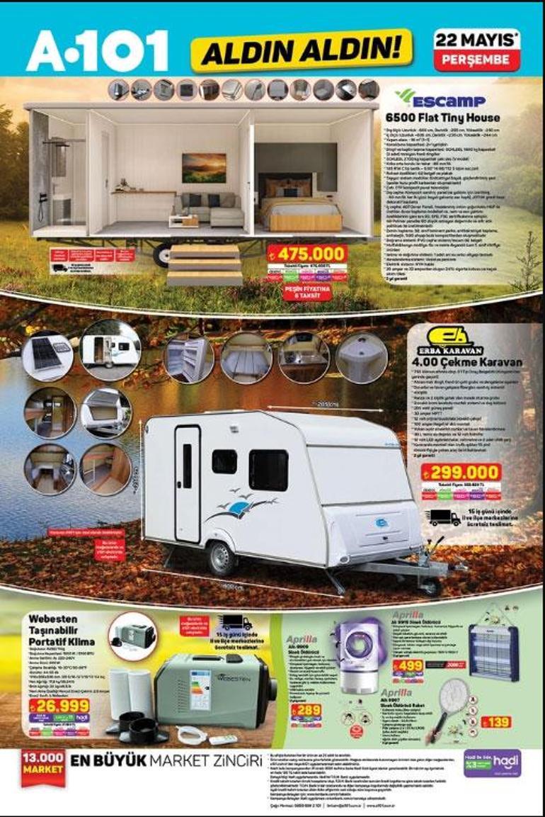 RAFLARDA SATIŞA ÇIKTI A101 ALDIN ALDIN 22 MAYIS AKTÜEL KATALOĞU | A101 Aldın Aldın aktüel kataloğunda bu hafta hangi ürünler satışa çıktı Çekme Karavan, Tiny House, Powerbank, Kulaklık, Geri Vitesli Benzinli Çapa Motoru...